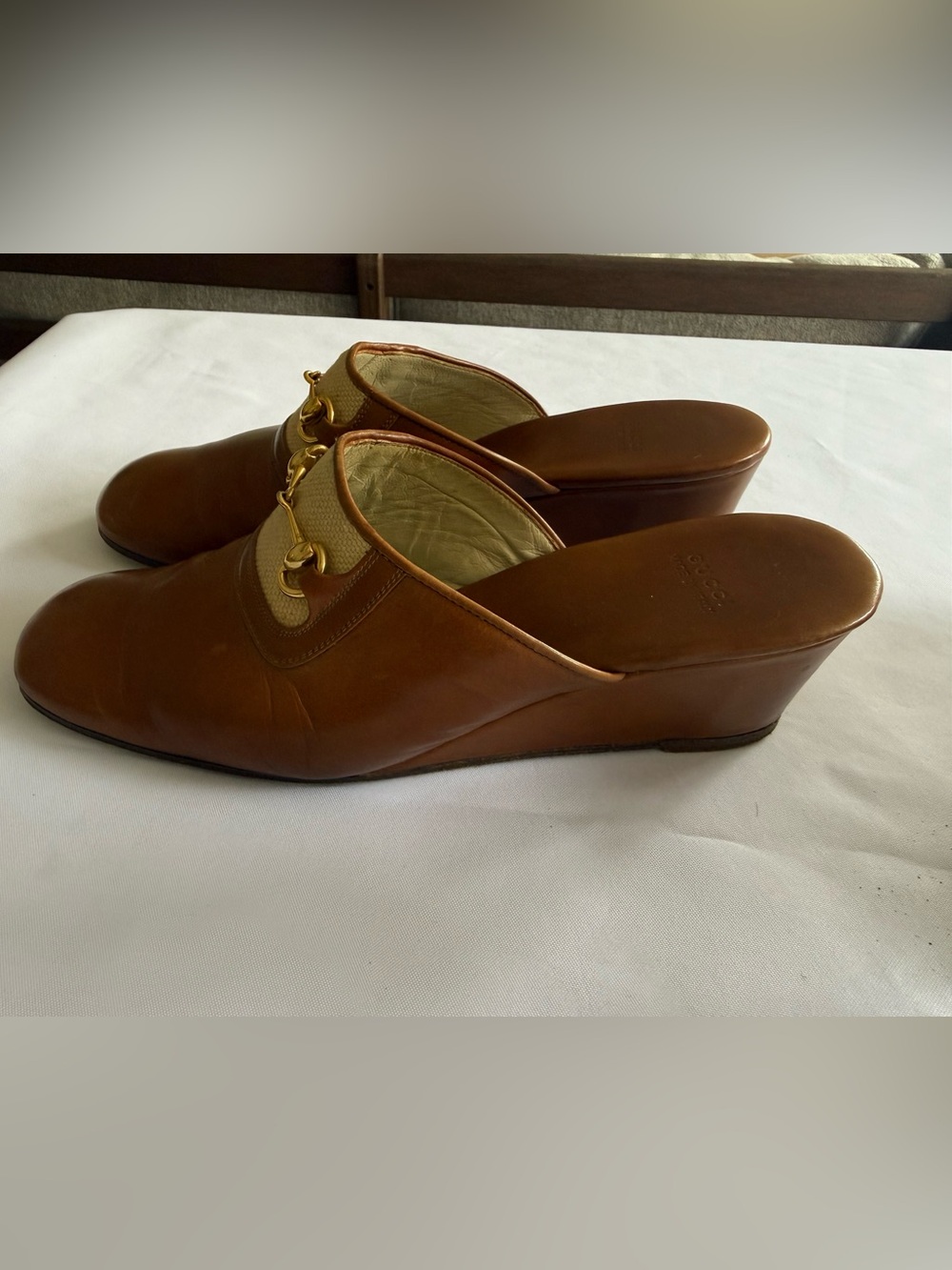 Rare Vintage 1970’s Gucci Brown Leather & Cream Canvas Horsebit Mule - Picture 3 of 9